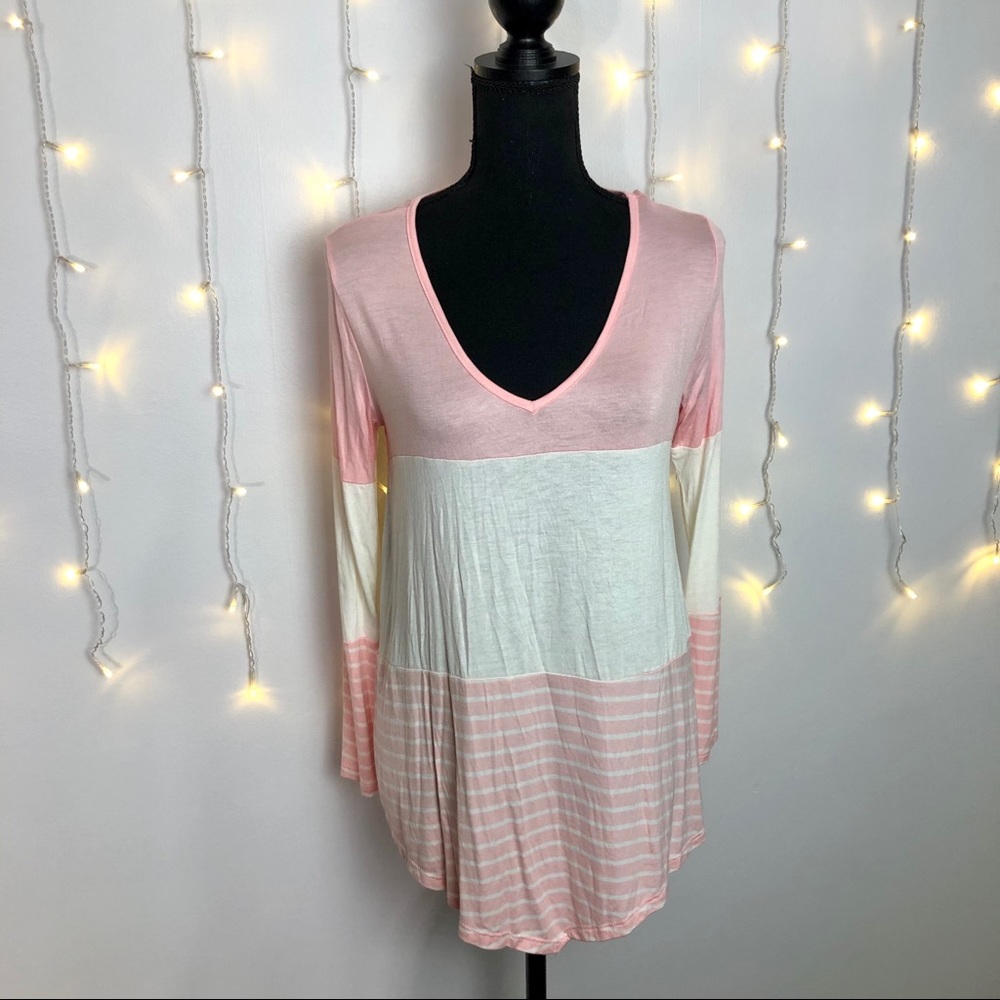 pink white and striped color block tunic top